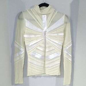 Pleated Ruched High Mock Neck Pintuck Geometric Cream Long Sleeve Fitted Acetate